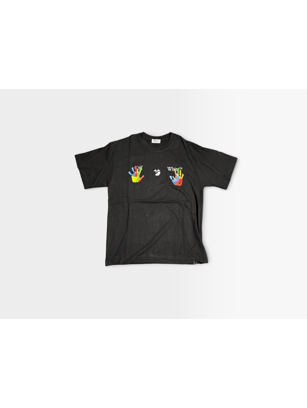 Black Off-White T-shirt with multicolor hand chest graphic